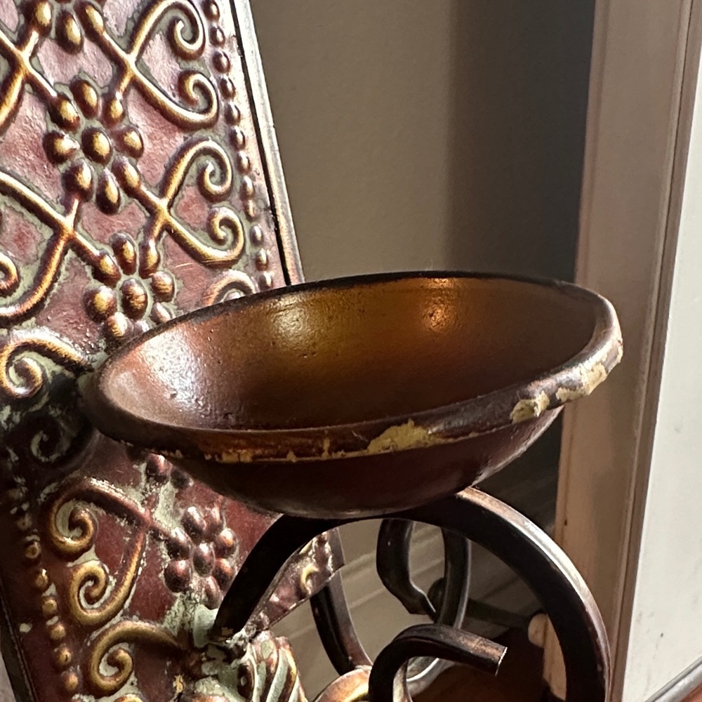 Ornate Metal Brown and Gold Patina Wall Sconces - Picture 5 of 5